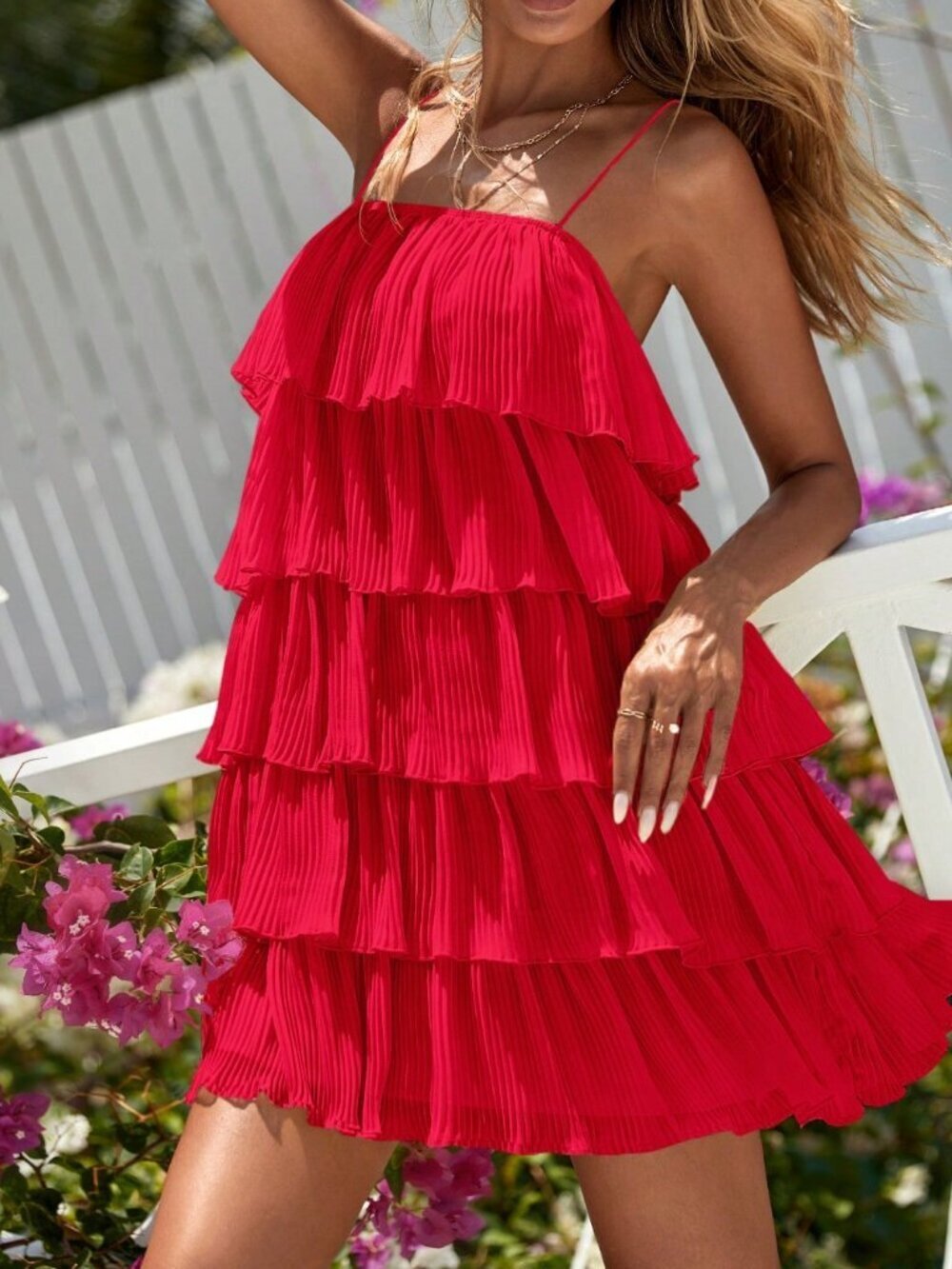 Red Boho Women's Layer Hem Cami mini Dress